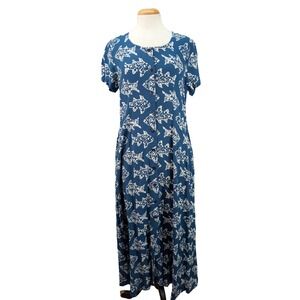 New Aura Button Down Maxi Shirt Dress Fish Pleated Cottage Rayon Blue Size M NWT